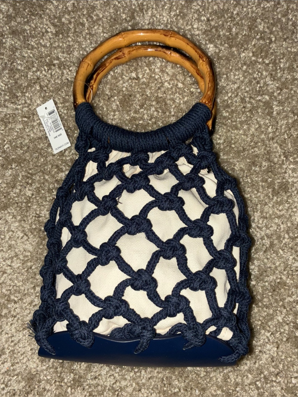 Old Navy Navy Macramé Tote with Bamboo Handles and Cream Inner Pouch